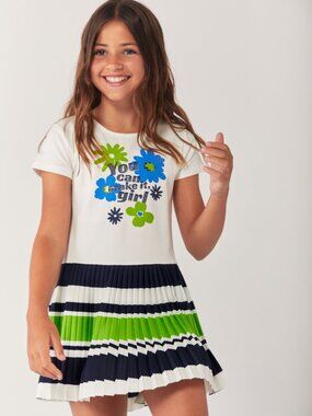 Girls' Floral Print Casual Dress - Blue and Green